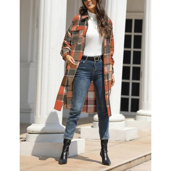 Women's Wool Blend Plaid Shacket Long Jacket Pockets Fall Winter - Picture 5 of 6